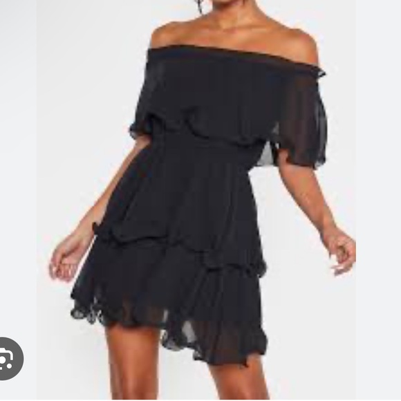 Prettylittlething black chiffon Bardot ruffle tiered dress - Picture 9 of 12